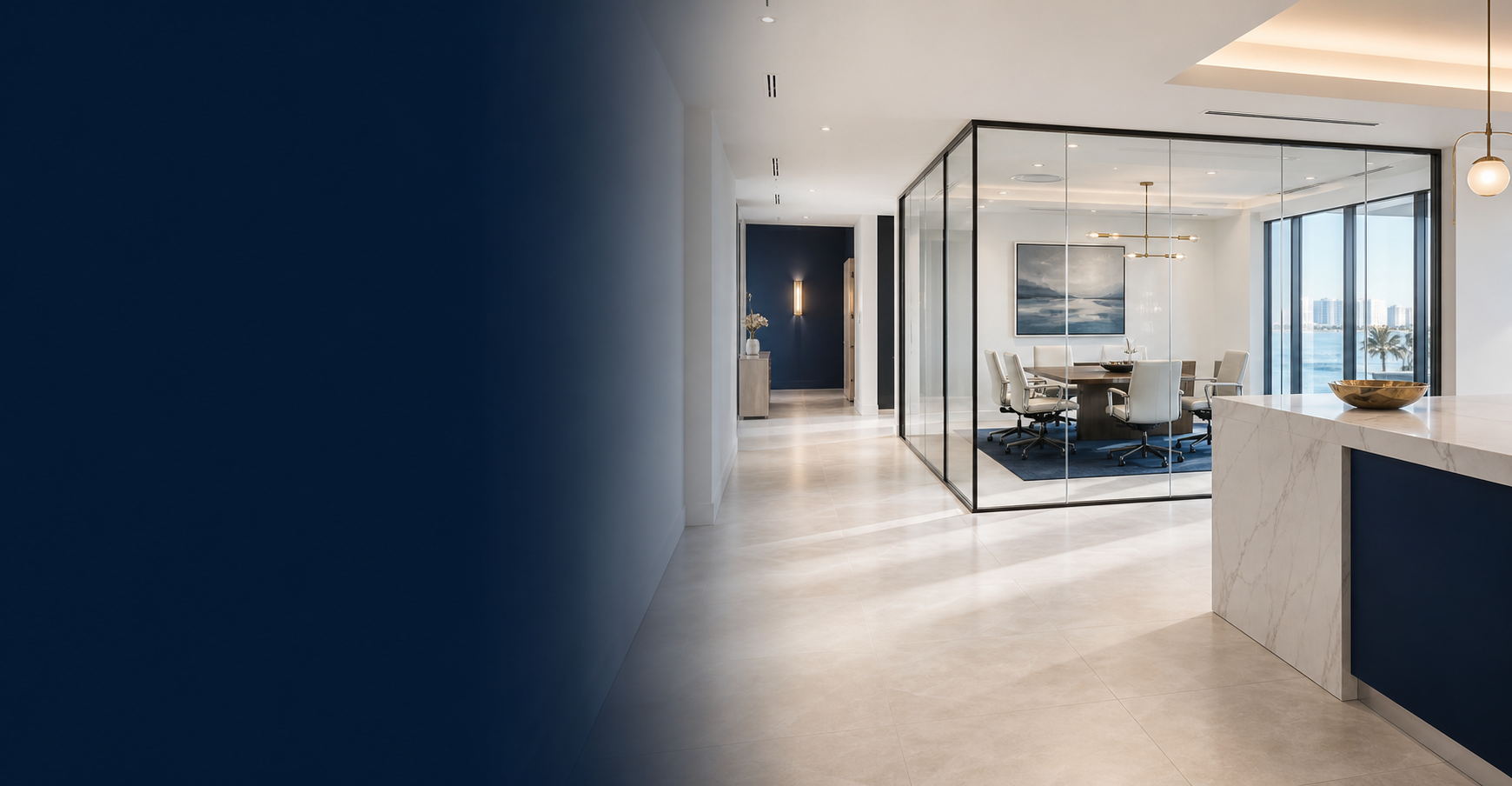 Modern commercial interior with glass partitions and tile flooring