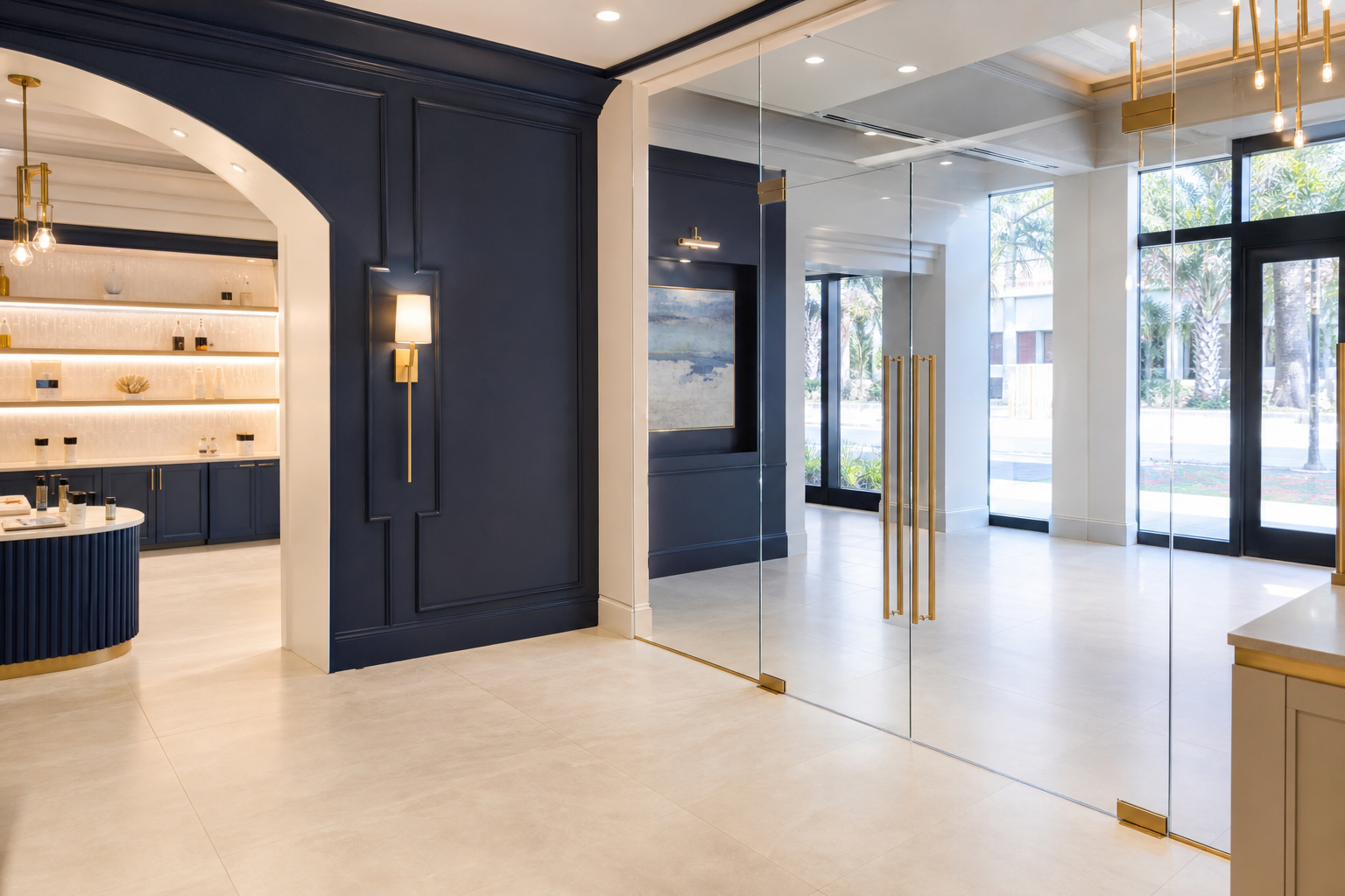 Finished commercial boutique interior with glass entry partition and tile flooring