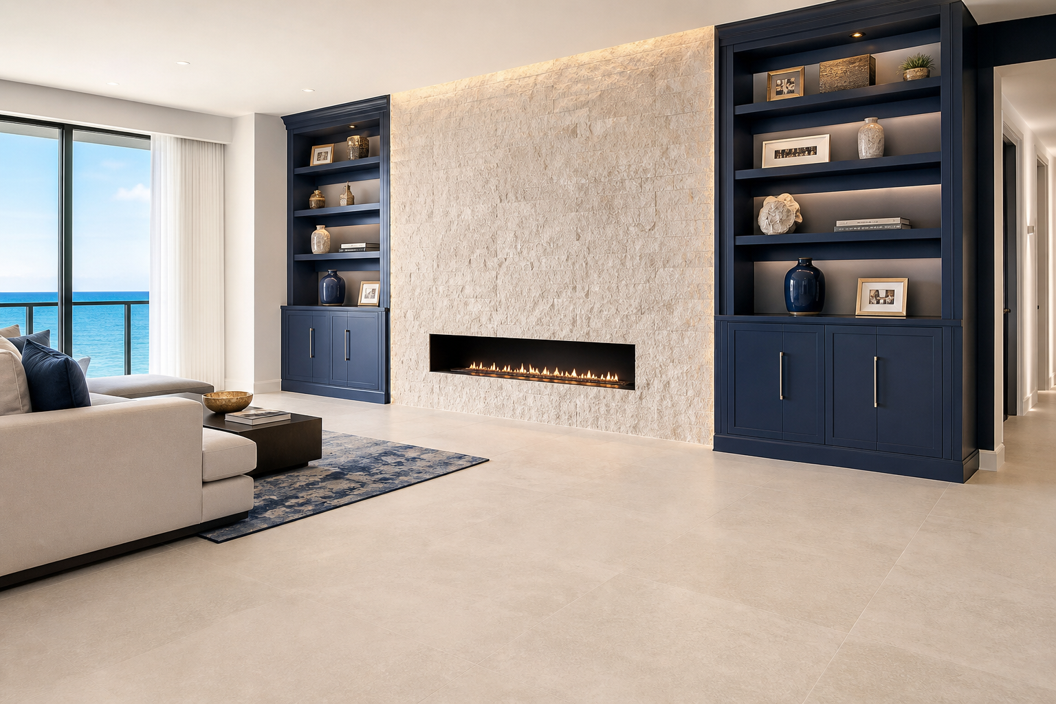 Contemporary living room with tile flooring and textured feature wall