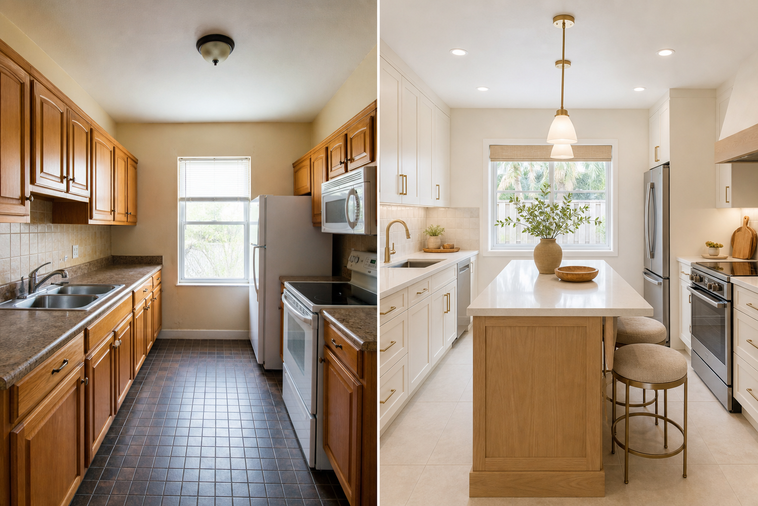 Before and after concept showing a warm modern kitchen remodel