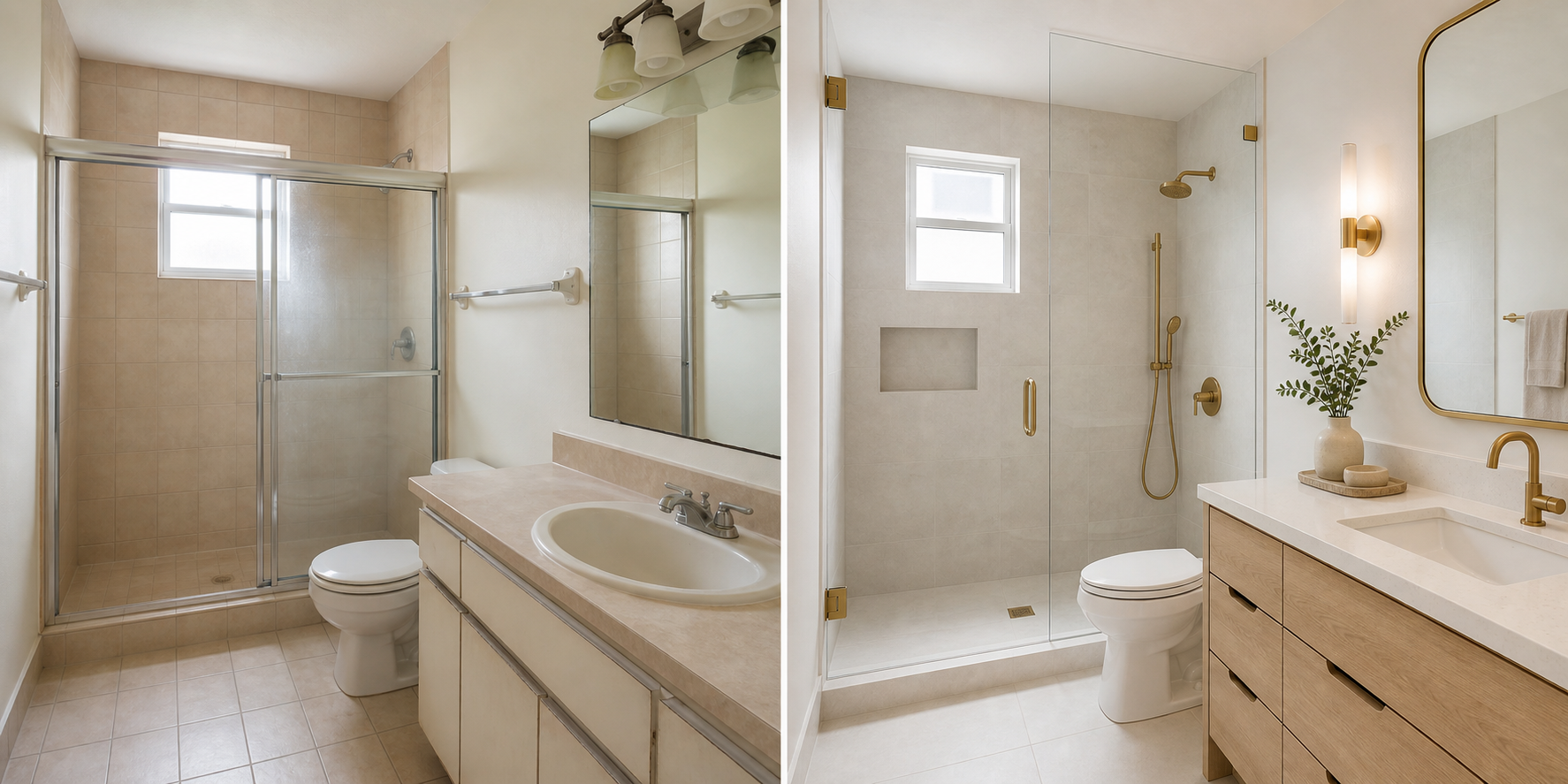 Before and after concept showing an updated bathroom with a frameless glass shower